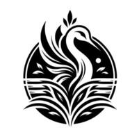 Elegant Black and White Swan Crest Stylized Silhouette of a Swan Gracefully Emerging from Water, Within a Circular Emblem, with Leaves. vector