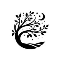 Serene Silhouette An Elegant Black Tree Adorned with Leaves, Stars, and Crescent Moon Against a Pure White Background. vector