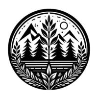 Minimalist Black and White Circular Emblem Mountains, Trees, and a Sunlike Element, framed by laurel branches, perfect for naturethemed logos. vector