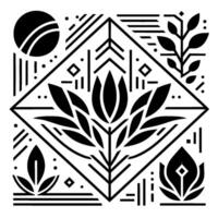 Abstract Geometric Floral Composition in Black and White, Featuring a Central Flower Surrounded by Geometric Elements, Circles, and Lines. vector