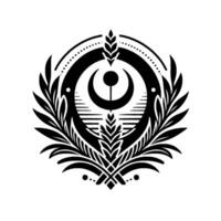 Intricate Black and White Emblem Crescent Moon, Wheat, Leafy Wreaths, and Geometric Patterns on White Background. vector