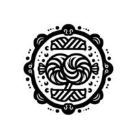 A symmetrical, blackandwhite ornamental featuring two spiral lollipops within a circular frame, evoking a playful and elegant aesthetic. vector