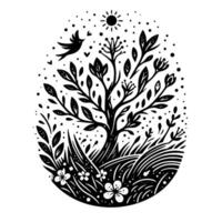 Serene Black and White Nature Scene An oval composition featuring a flourishing tree, blooming flowers, tall grass, a bird in flight, and a radiant sun, all enclosed in a delicate, dotted frame. vector