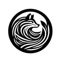 A stylized black and white fox , encircled, crafted with flowing, striped forms, symbolizing agility and cunning, suitable for brand identity. vector