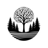 Black and White Circular Nature Illustration A Large Tree Surrounded by Pine Trees and a Grassy Landscape. vector