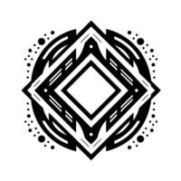 A symmetrical, black and white geometric featuring a central diamond shape encased within a layered, stylized circular pattern with dot accents. vector