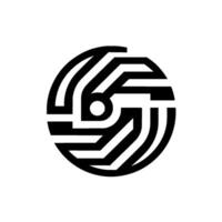 Abstract black and white circular featuring interconnected geometric shapes, resembling circuits and pathways with a central point. vector