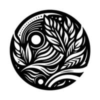 Circular Black and White Botanical Illustration with Stylized Leaves, Swirls, and Dots, in a Minimalist . vector