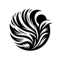 Intricate black and white abstract of a stylized birdlike form within a circle, resembling feathers or foliage. vector