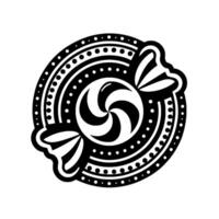 A circular, stylized black and white illustration of wrapped candy with a swirled center, encircled by patterned dots and lines. vector