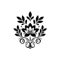 Symmetrical Black and White Floral Ornament , Featuring Leaves, Swirls, and a Centered Lotuslike Bloom, on White vector