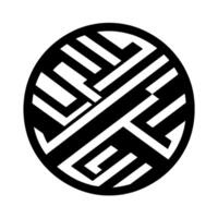 Circular abstract featuring a complex interwoven pattern of black and white geometric shapes, suggesting a stylized, modern emblem or . vector