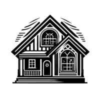 Black and white geometric illustration of a cozy house with arched windows, a porch, and stylized roof. vector