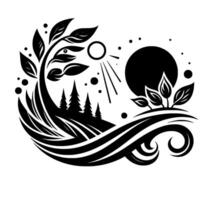 Abstract Black and White Illustration Depicting a Stylized Landscape with Trees, Sun, Moon, Foliage, and Decorative Swirls. vector