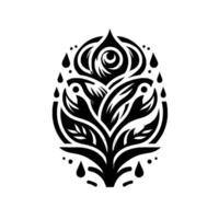 Symmetrical Black and White Botanical Illustration A stylized flower with layered petals, teardrop accents, and a minimalist aesthetic, centered on a white background. vector
