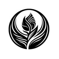 Black and White Minimalist Floral Emblem Symbolic depiction of a stylized rose within a circle, with leaves. vector