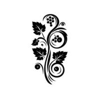 Elegant Black and White Grapevine with Leaves, Vines, Berries, and Decorative Swirls on a White Background. vector
