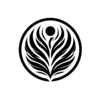 Bold black and white circular emblem featuring a stylized bird rising with outstretched winglike feathers and a celestial sphere. vector