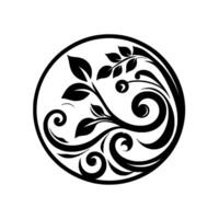 Elegant circular emblem featuring black stylized leaves and swirling vines, creating a harmonious floral on a white background. vector