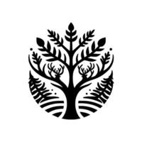 Black and White Circular Emblem Featuring a Tree with Deer Antlers, Leafy Branches, and Evergreen Trees NatureInspired . vector