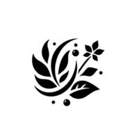 Stylized Black and White Floral Motif with Leaves, Berries, and a FivePetal Flower on a White Background. vector