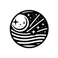 Black and White Celestial Orb Moon, Stars, and Waves, a symbolic illustration within a circle. vector