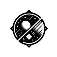 Black and White Cosmic Emblem Circular features a crescent moon, stars, comet, and a diamond, evoking space exploration. vector