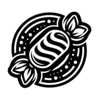 Stylized black and white illustration of a striped candy, wrapped in a decorative bow, set within an ornamented circular frame. vector