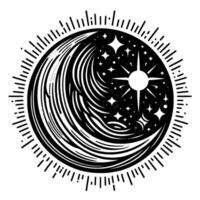 A celestial, monochrome showcasing a crescent moon, star, and sunburst within a cosmic circle, radiating energy and illumination. vector