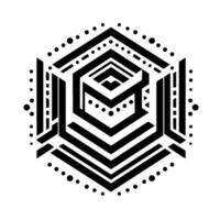 Abstract geometric composition in black and white featuring a hexagonal structure with layered shapes, dots, lines, and a central cube, evoking a sense of depth and modern . vector