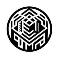 Black and white geometric inside a circle, featuring a D cube optical illusion with intricate interconnected lines and pathways. vector