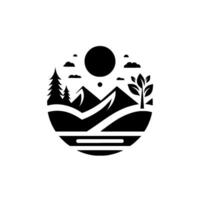 Minimalist Circular Black and White Landscape Featuring Mountains, Trees, Sun, and Clouds Abstract Nature Scene. vector