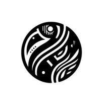 Abstract black and white circular composition with stylized fish or marine creature motif, featuring flowing lines, minimalist shapes, and a balance between light and shadow. vector