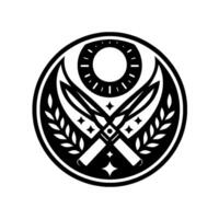 Black and White Circular Crest Crossed Swords, Celestial Sun, Laurel, and Stars in a Clean Minimalist . vector
