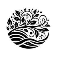 Circular black and white floral with swirling vines, leaves, and stylized waterlike patterns. vector