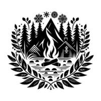Black and White Illustration Cozy Cabin Scene Surrounded by a Laurel Wreath, with a Fire, Mountains, and Pine Trees. vector