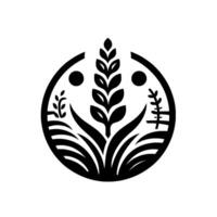 Stylized Minimalist Emblem Black and White Geometric Circle Featuring Wheat, Grass, and Floral Elements. vector