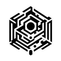 Abstract Hexagonal Maze with Black Geometric Paths, Central Dot, and Minimalist on White Background. vector