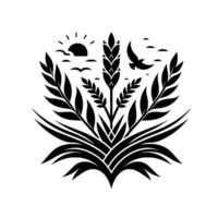 Black and White Wheat and Birds Silhouette with Rising Sun, Illustrative Emblem on White Background. vector