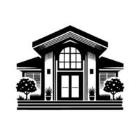 Monochromatic Illustration of a Modern House, Featuring symmetrical , arched window, trees, and minimalist landscaping. vector