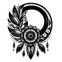 Intricate Black and White Bohemian Mandala Featuring Feathers, a Floral Motif, and Circular Elements vector