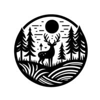 Black and white circular illustration of a majestic deer standing in a forest, with the sun and stylized nature elements, creating a serene outdoor scene. vector