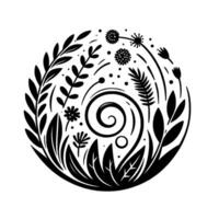 Circular Black and White Botanical with Leaves, Spirals, and Dotted Elements on White. vector