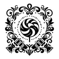 Black and white ornate candy emblem featuring a lollipop, candy, and decorative floral elements arranged in a symmetrical composition. vector