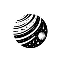 Monochromatic cosmic sphere, featuring stylized planets, constellations, a feathered sun, and orbiting objects, set against a stark white backdrop. vector