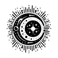 Celestial Black and White Illustration of a StarFilled Galaxy within a Crescent Moon, encircled by radiating lines and dots. vector