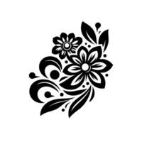 Monochrome Floral Composition Intricate Black and White Botanical with Flowers, Leaves, and Curvilinear Elements on White Background. vector