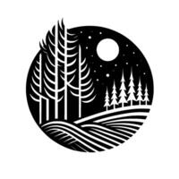 Black and White Silhouette of a Forest Under a Moonlit Sky Within a Circular Frame Serene Landscape. vector