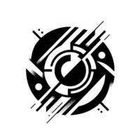 Abstract geometric composition a stark black and white circular with intersecting lines, shapes, and a textured gradient, set against a white backdrop. vector