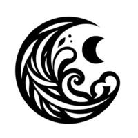 Circular Art Flowing Black and White Featuring Swirls, Leaves, Crescent Moon, and Detailed Organic Pattern. vector